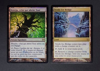 two cards that are sitting on a table