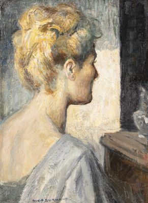 an image of a painting of a woman looking out a window