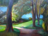 a painting of a dog sitting on a path in a park