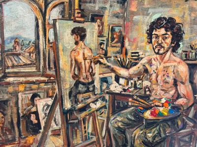 un tableau représentant un homme assis devant un miroir