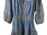 La robe est bleue et comporte des détails dorés.