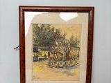 tableau encadré représentant une calèche tirée par des chevaux dans un décor champêtre