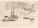 drawing of a boat in a body of water with a mountain in the background