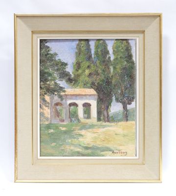 une peinture à l'huile représentant une maison et des arbres dans un champ