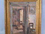 an oil painting of a room with a chair and a window