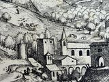 a black and white drawing of a village in the mountains
