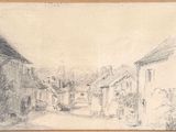 a pencil drawing of a street scene with buildings and trees in the background