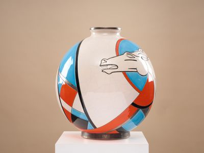 LONGWY "Ascot" Vase boule coloniale en faïence émaillée poly…