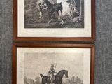 deux reproductions encadrées représentant des chevaux et des cavaliers dans un décor boisé