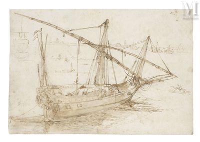 dessin représentant un bateau sur un plan d'eau, avec d'autres bateaux en arrière-plan