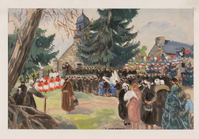 tableau représentant un groupe de personnes debout dans un champ près d'un bâtiment