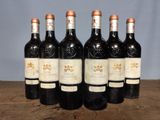 six bottles of wine sitting on top of a wooden table