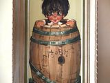 a picture of a painting of a boy in a barrel