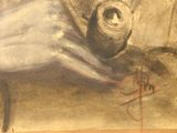 painting of a horse laying down in a room with a vase on it ' s back