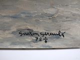 an oil painting of a boat in the ocean with a message written on it