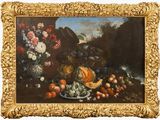 painting of a still life of fruit and flowers in a gold frame