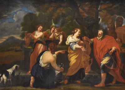 une image représentant un tableau sur lequel figurent un groupe de personnes et un chien