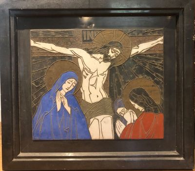 an image of a painting of jesus on the cross with other people