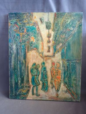 une peinture à l'huile représentant trois enfants marchant dans une rue