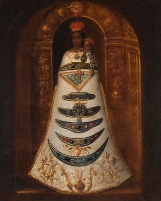 une peinture à l'huile représentant une femme en robe blanche, coiffée d'une couronne