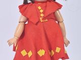 a doll that is wearing a red dress and yellow socks