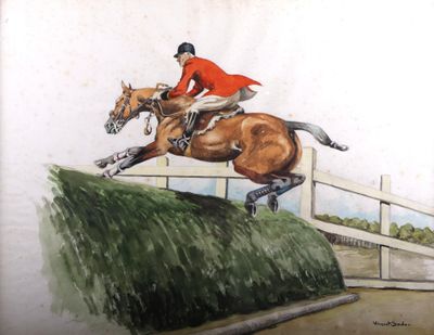 un tableau représentant un homme à cheval en train de sauter par-dessus une clôture