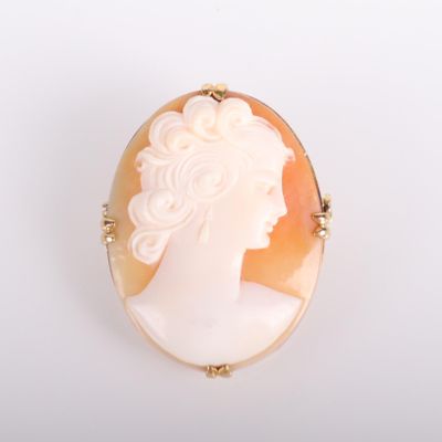 une image représentant le profil d'une femme sur une broche en forme de coquillage