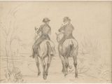 drawing of two people riding horses in a field