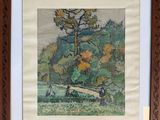 painting of a landscape with a bench and trees in the background