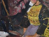 a painting of a woman sitting on a couch