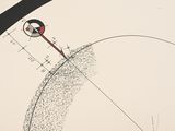 a black and white drawing of a circle with a red arrow