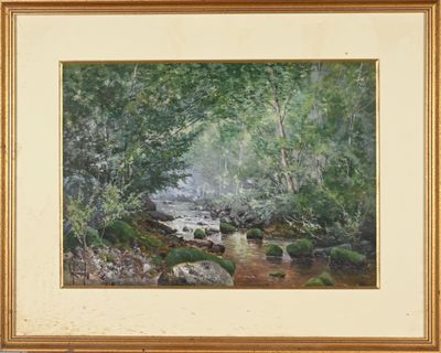 an oil painting of a stream running through a forest filled with trees