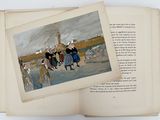 an open book with a picture of a group of people walking on a beach