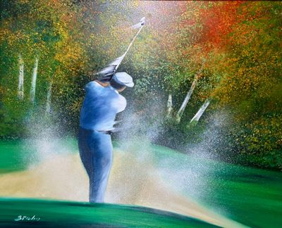painting of a man hitting a golf ball out of a bunker on a golf course