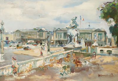 un tableau représentant une place de ville avec une statue au centre