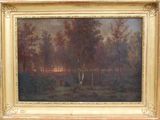 an image of a painting of a landscape with trees and a dog