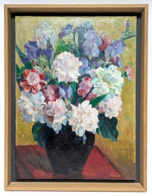 a painting of flowers in a vase on a table