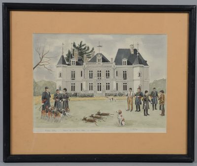 tableau représentant un groupe de personnes debout devant un grand bâtiment