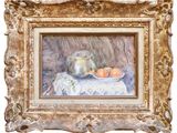 an oil painting of a bowl of oranges and a teapot on a table