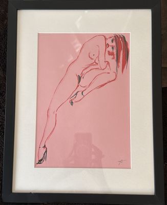 tableau représentant une femme nue en talons hauts sur un fond rose