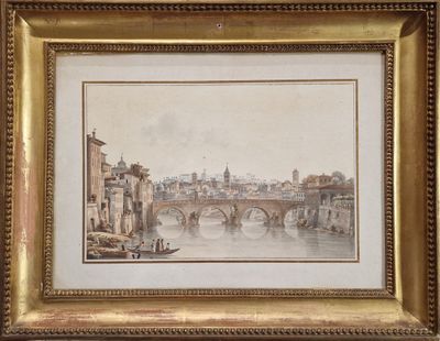 peinture d'une vue d'une ville avec un pont sur une rivière