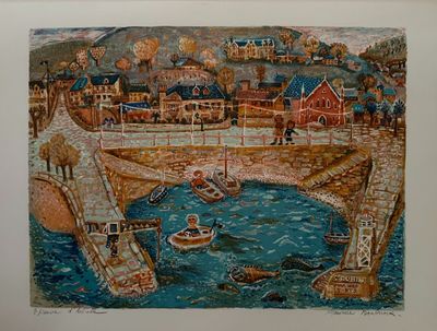 a picture of a painting of a town by the water
