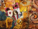a painting of a woman sitting on a bench