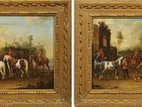 deux tableaux représentant des chevaux et des cavaliers dans un paysage avec un château en arrière-plan