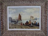 une peinture représentant un groupe de personnes sur une plage