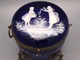 a picture of a blue and white box with a picture of two people on it