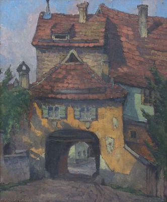 une peinture à l'huile représentant un bâtiment avec un toit rouge et un portail