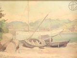une image d'une peinture de bateaux sur la plage