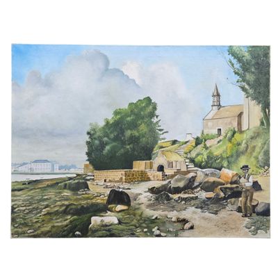 une image d'un tableau représentant un village au bord de l'eau