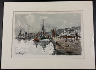 a picture of a painting of boats in the water
